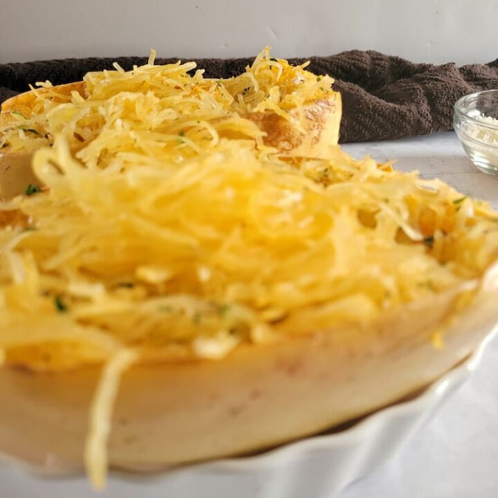 side view of a cooked spaghetti squash half