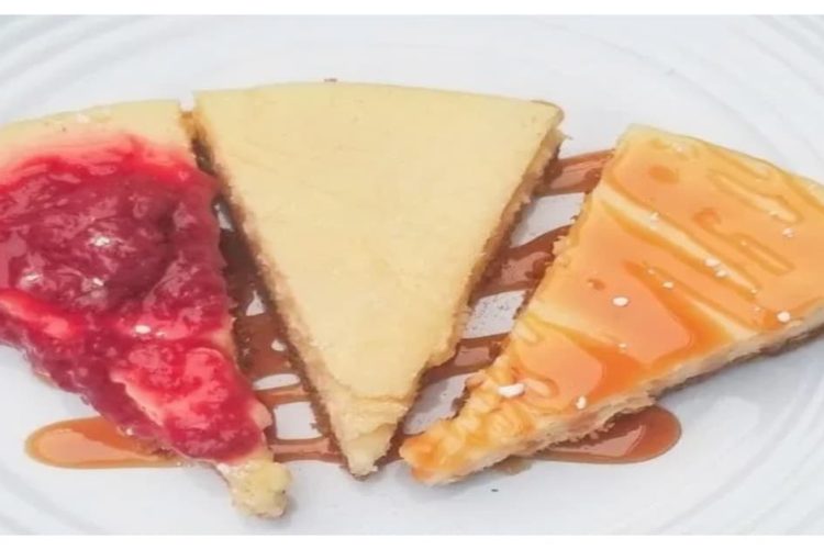 THREE SLICES OF New York STYLE CHEESECAKE - ONE STRAWBERRY, ONE PLAIN AND ONE CARAMEL