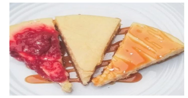 THREE SLICES OF New York STYLE CHEESECAKE - ONE STRAWBERRY, ONE PLAIN AND ONE CARAMEL