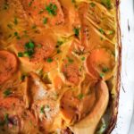 Thinly sliced sweet potatoes, vegetable broth and almond milk make up this great vegan side dish of scalloped sweet potatoes, topped with fresh chopped parsley