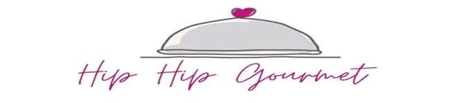 Hip hip gourmet logo (silver platter with a heart on top) and the words hip hip gourmet written below it in cursive