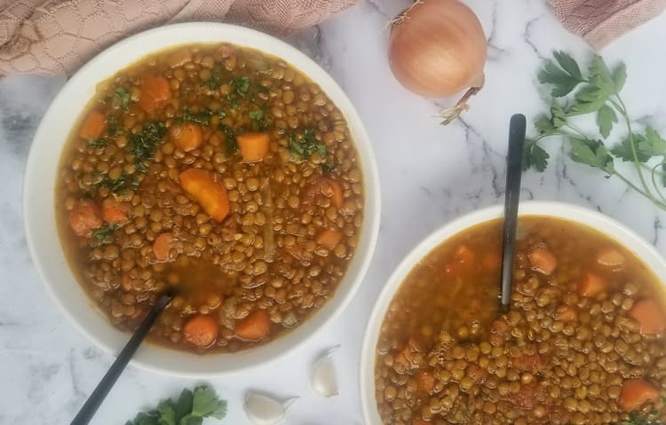 2 big bowl of lentil soup with carrots, tomatoes, onions and parsley, 2 cloves of garlic, a whole onion and some fresh parsley in the shot