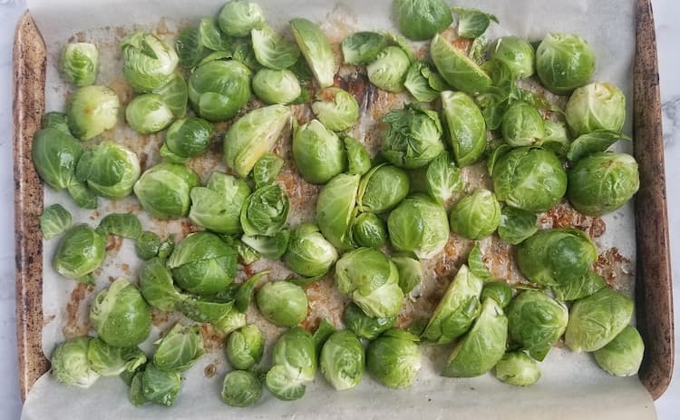sheet pan of face down brussel sprouts