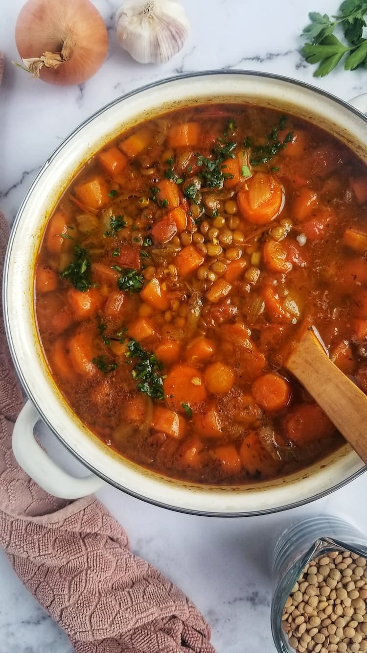 big pot of lentil soup with parsley, carrots, tomatoes, a whole onion and bulb of garlic in the background, a cup of uncooked lentils and a bunch of fresh parsley on the side, wooden spoon in the pot