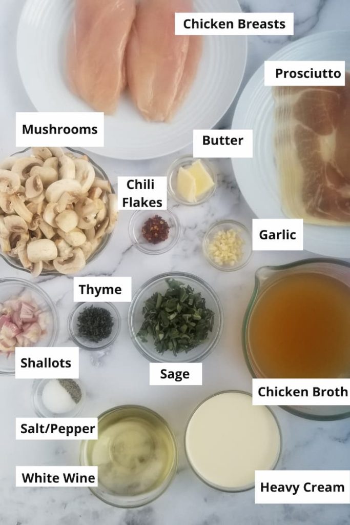 ingredients for prosciutto stuffed chicken - chicken breasts, sliced prosciutto, sliced mushrooms, minced garlic, fresh thyme and sage, chicken broth, butter, chili flakes, salt and pepper, white wine and heavy cream