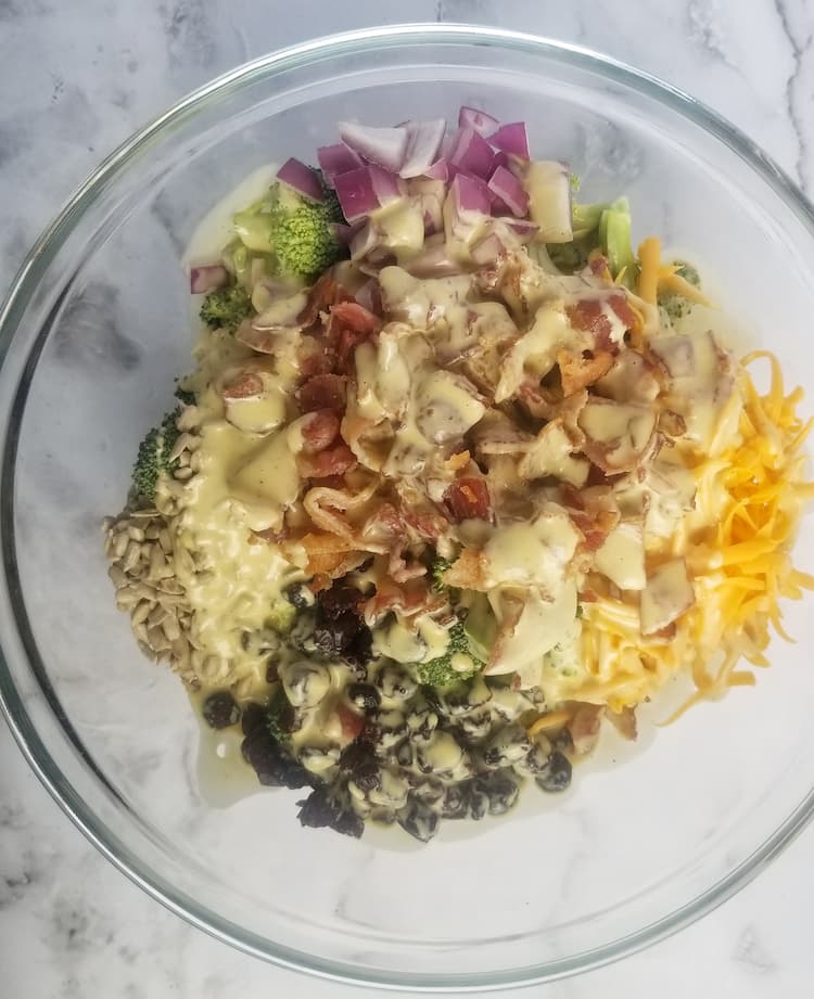 bowl of chopped cooked bacon, diced red onions, grated cheddar cheese, dried cranberries, sunflower seeds on top of broccoli florets, drizzled with creamy sauce
