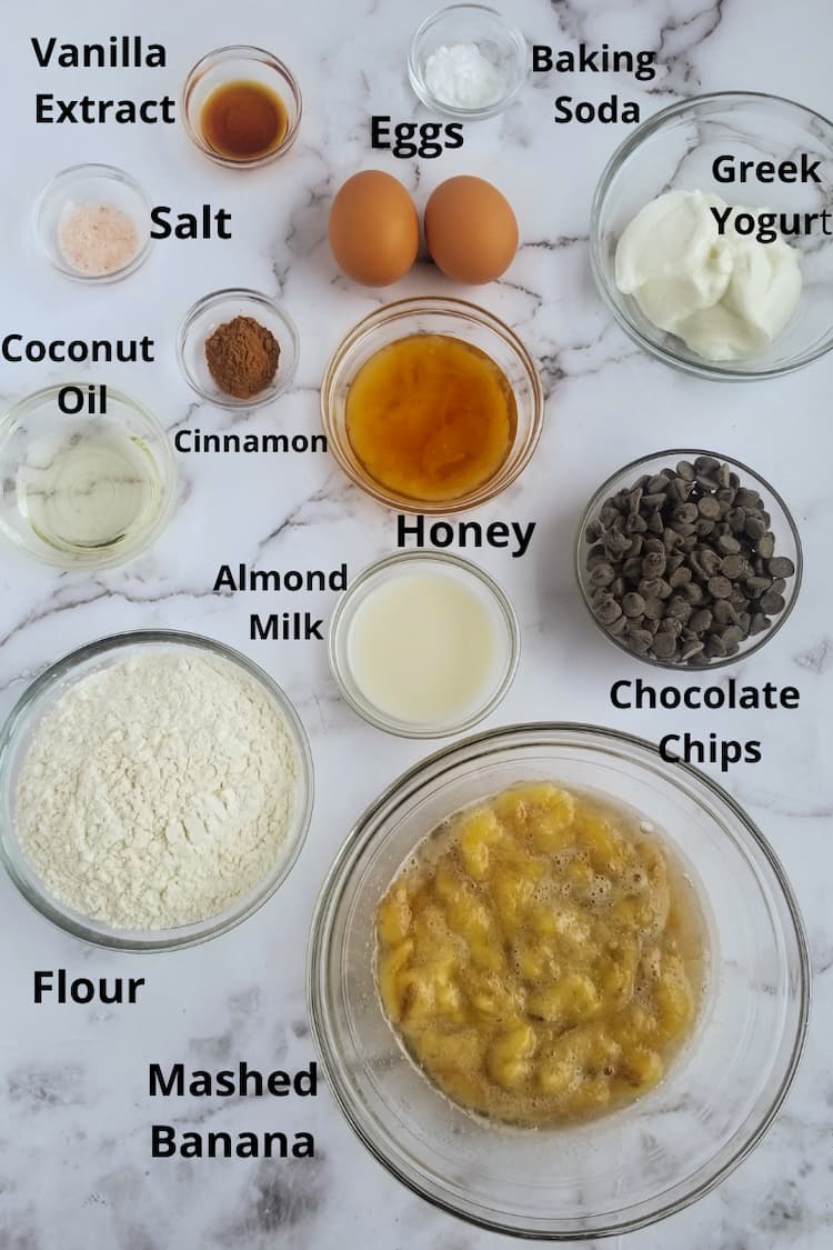 ingredients for banana muffins with chocolate chips - chocolate chips, mashed banana, flour, baking soda, honey, vanilla extra, salt, cinnamon, greek yogurt, almond milk, eggs, coconut oil, mashed banana