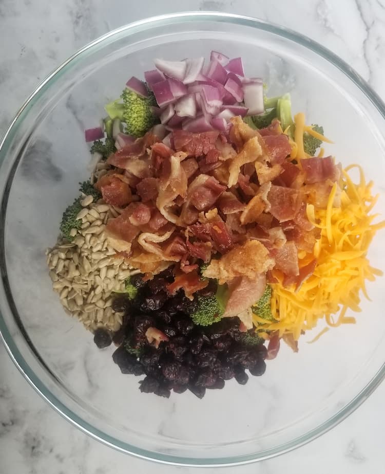 bowl of chopped cooked bacon, diced red onions, grated cheddar cheese, dried cranberries, sunflower seeds on top of broccoli florets
