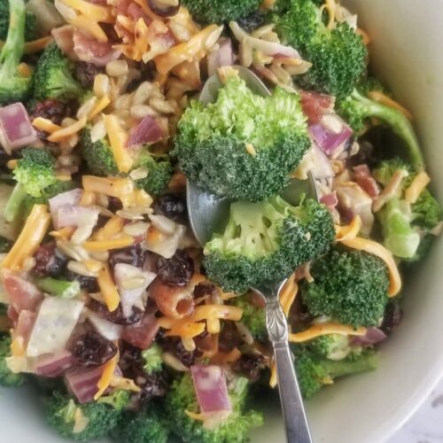big bowl of broccoli with shredded cheddar cheese, red onions, dried cranberries, sunflower seeds, spoon in bowl with two pieces of broccoli on it