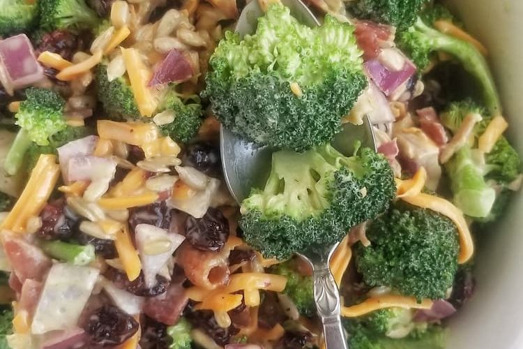 big bowl of broccoli with shredded cheddar cheese, red onions, dried cranberries, sunflower seeds, spoon in bowl with two pieces of broccoli on it