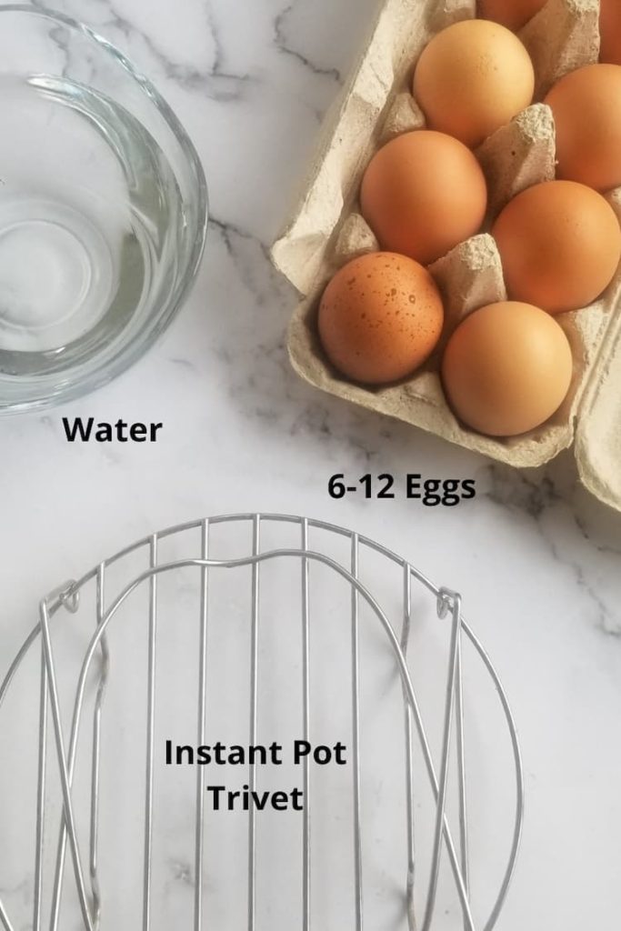 carton of brown eggs, instant pot metal trivet and bowl of water