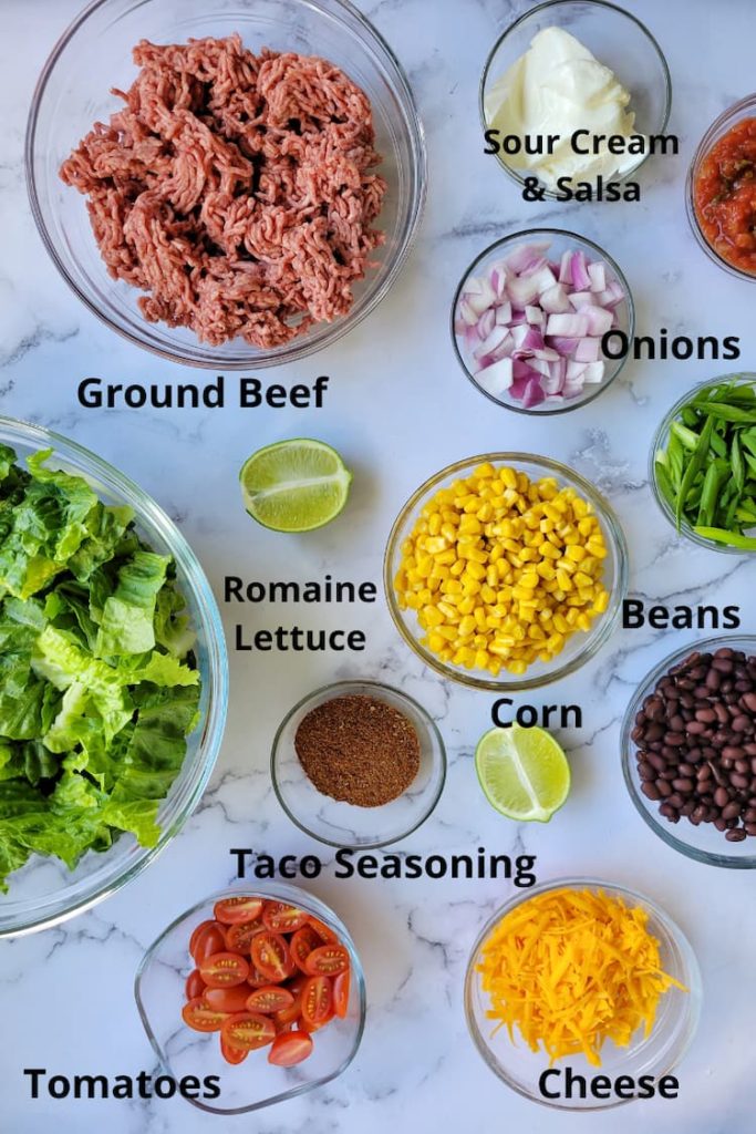 ingredients for taco salad - ground beef, sour cream, salsa, red onions, green onions, lime, beans. corn, romaine lettuce, tomatoes, cheese, taco seasoning