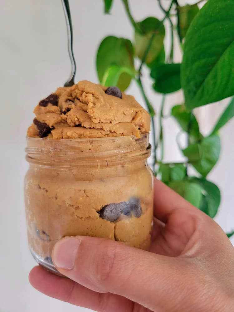 hand holding a jar of chickpea cookie dough with chocolate chips, spoon in jar, green plant in background