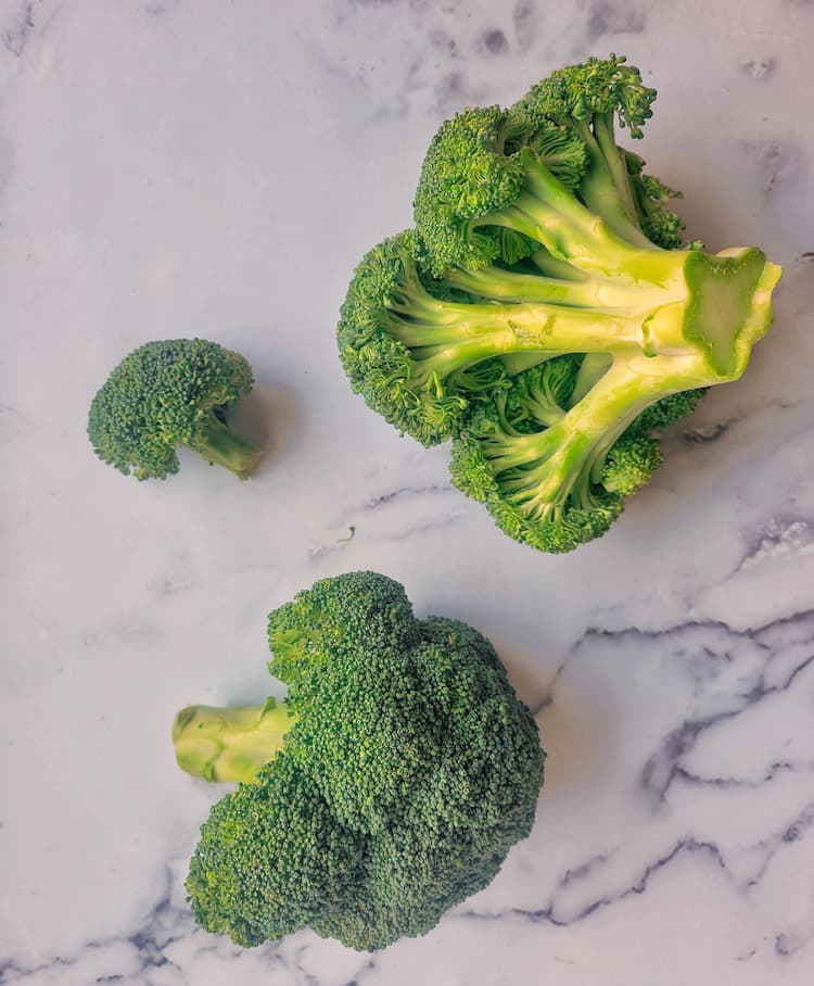 2 broccoli heads on a marbled surface