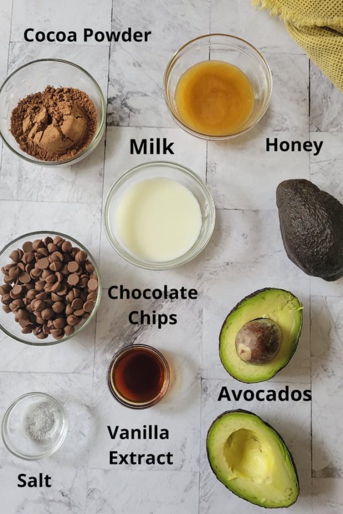 ingredients for chocolate mousse from avocado - avocados, honey, vanilla extract, milk, chocolate chips, cocoa powder and salt