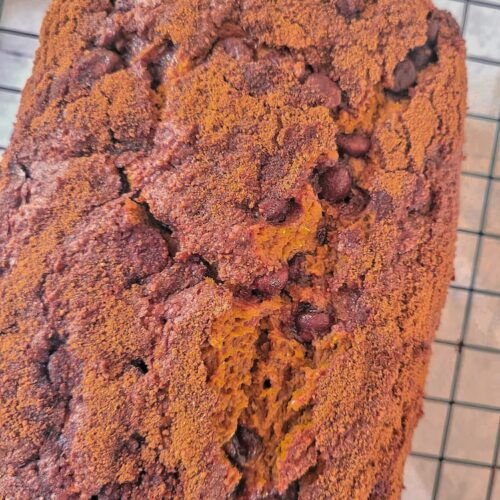 freshly baked chocolate chip pumpkin bread on a wire rack