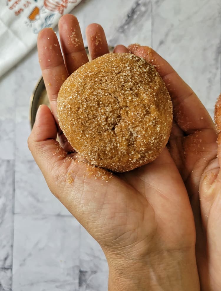 hand holding a ball of cookie dough with pumpkin spice, rolled in cinnamon sugar