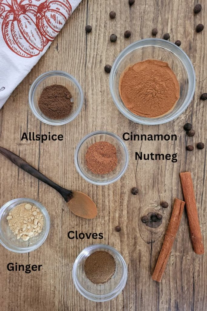 ingredients for recipe for pumpkin spice - allspice, cinnamon, nutmeg, cloves, ginger