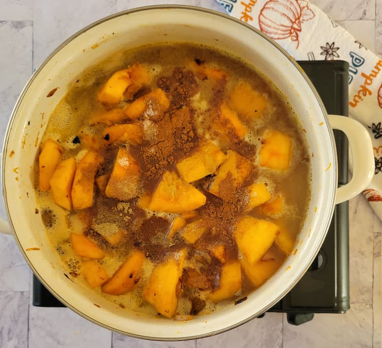 pot of cubed pumpkin in broth with spices