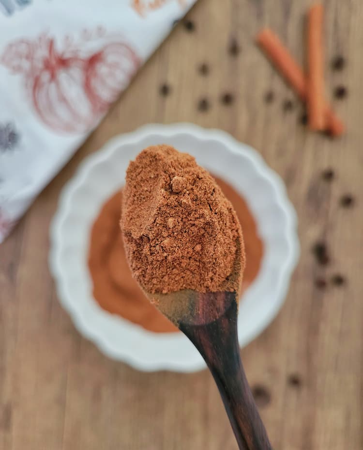 spoonful of pumpkin spice held up in front of camera lens, bowl of the rest in the background with cinnamon sticks and whole allspice