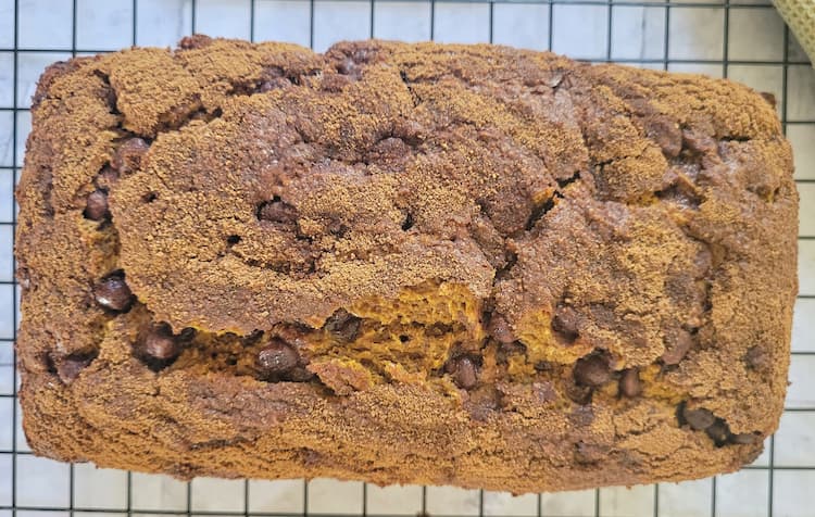 freshly baked chocolate chip pumpkin bread on a wire rack