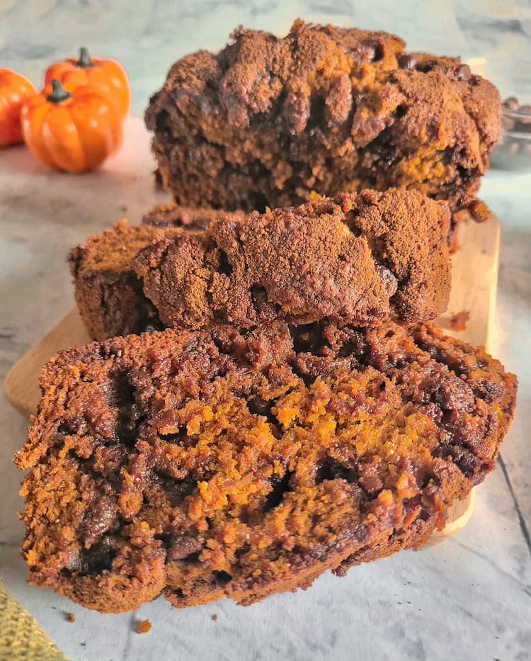 front view of sliced chocolate chip pumpkin bread