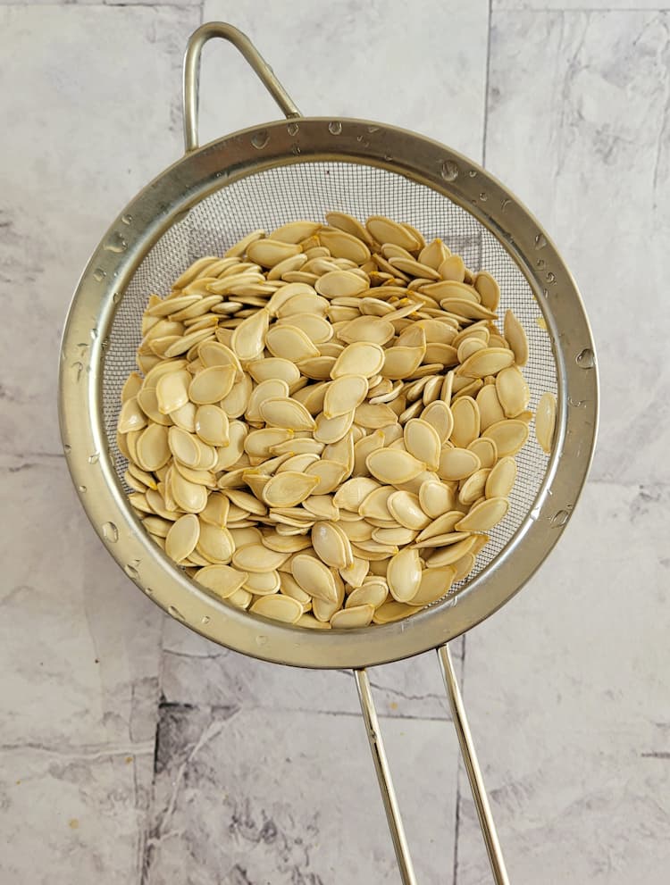small metal sieve with raw rinsed pumpkin seeds