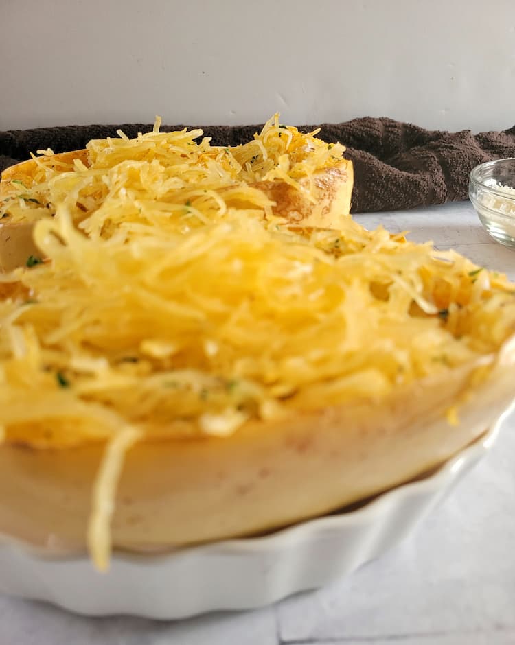 side view of a cooked spaghetti squash half