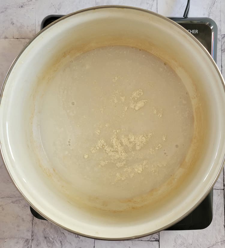 pot with a milky coloured substance with coconut flour sprinkled in