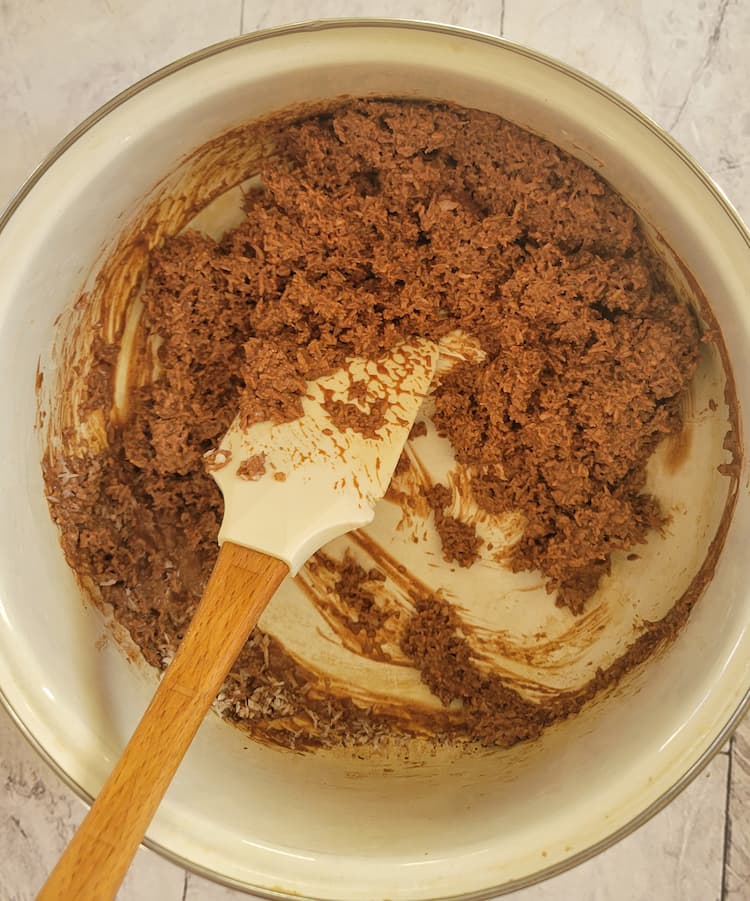 rubber spatula in a pot with chocolate coconut flakes