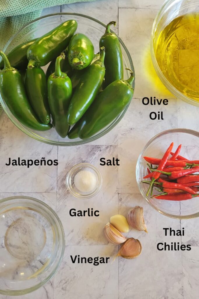 ingredients for hot peppers in oil - jalapeños, thai red chilies, olive oil, salt, garlic, vinegar