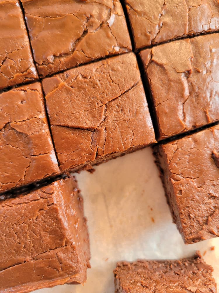 close up of squares of chocolate fudge