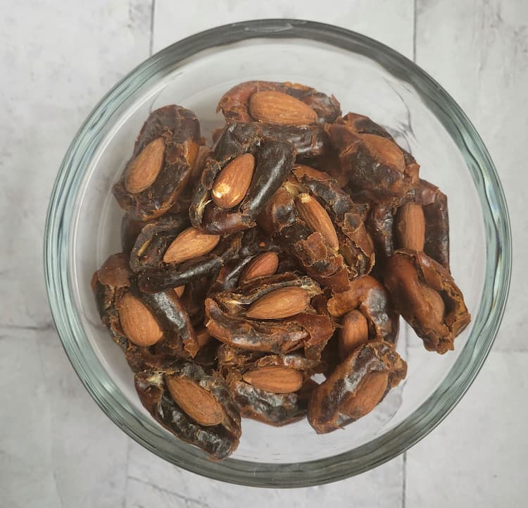 bowl of almond stuffed dates