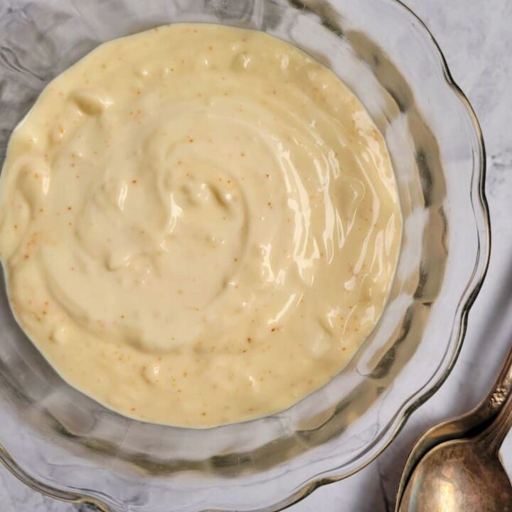 bowl of aioli with two spoons on the side
