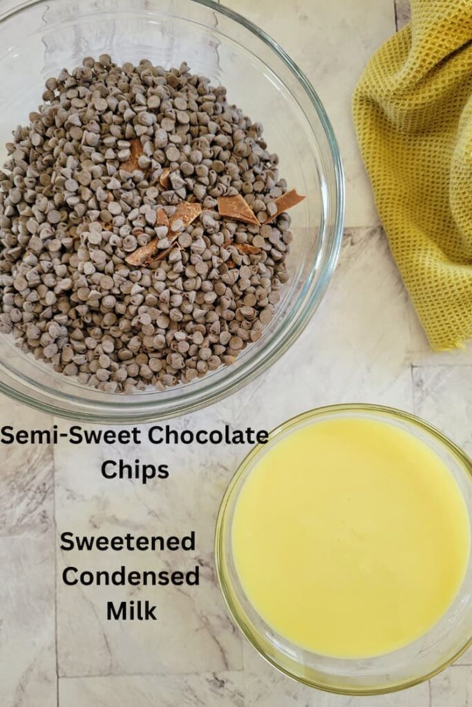 ingredients for 2 ingredient fudge - sweetened condensed milk and semi sweet chocolate chips
