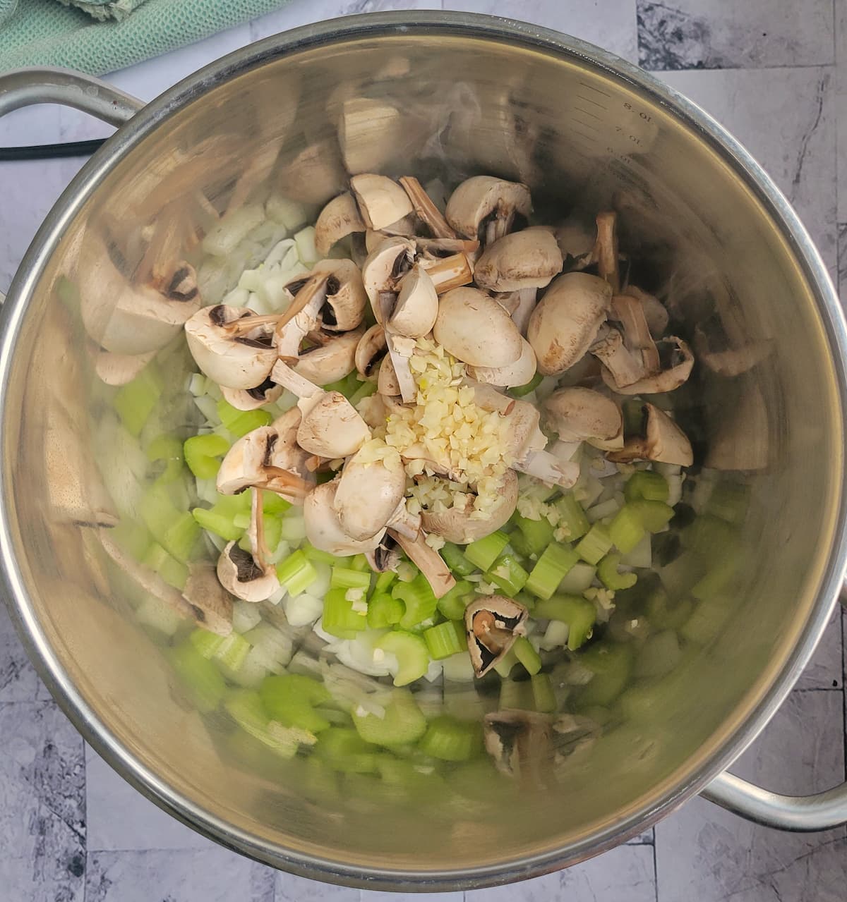 minced garlic, sliced mushrooms, diced onion and celery in a pot