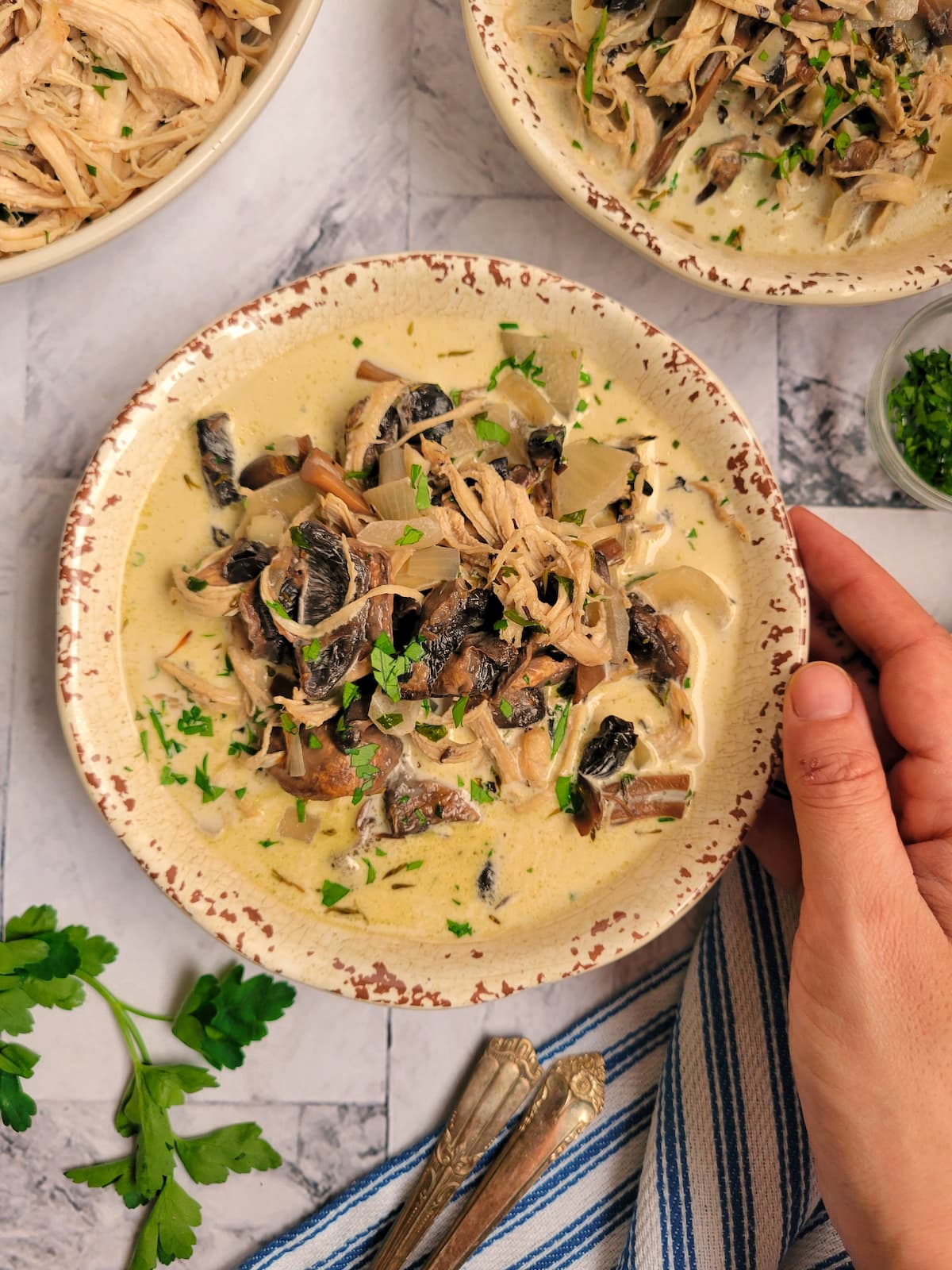 hand holding a bowl of creamy mushrooms soup with shredded chicken, garnished with fresh parsley, another bowl of soup in the background next to a bowl of shredded chicken