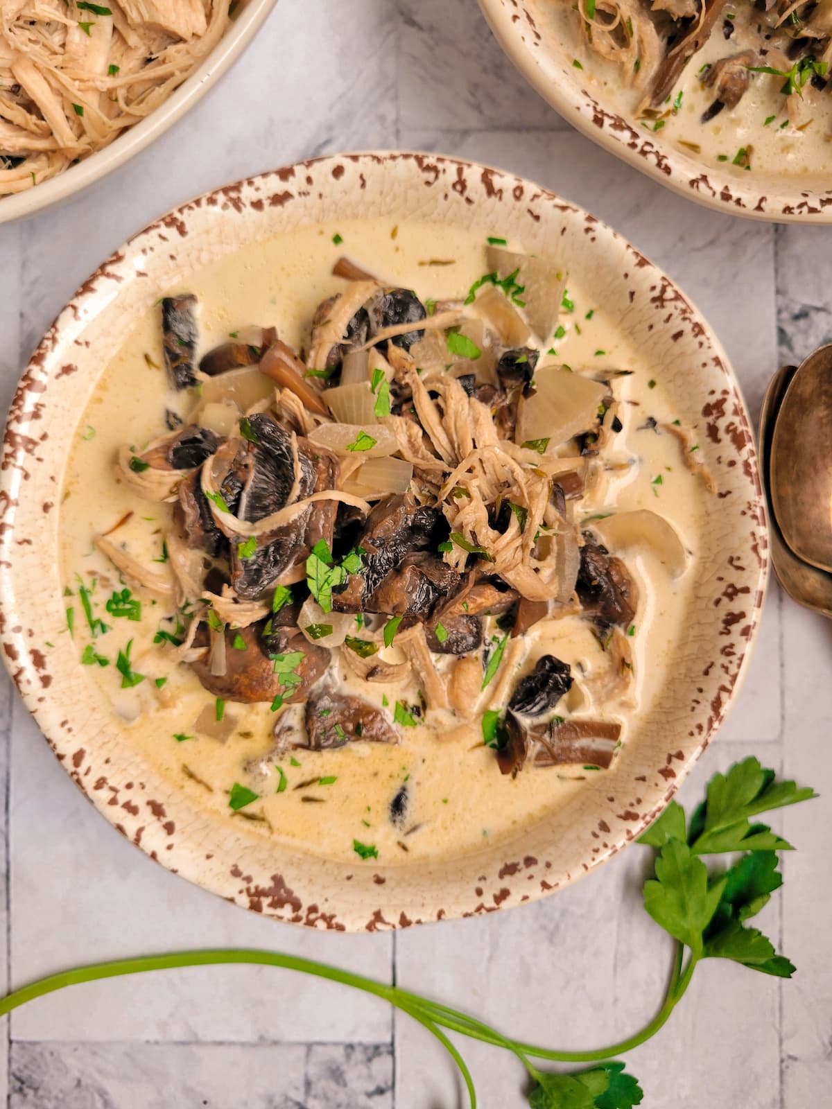 top view of a bowl of creamy mushrooms soup with shredded chicken, garnished with fresh parsley