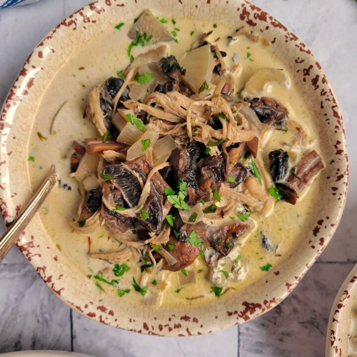 bowl of creamy mushrooms soup with shredded chicken, garnished with fresh parsley, spoon in the bowl