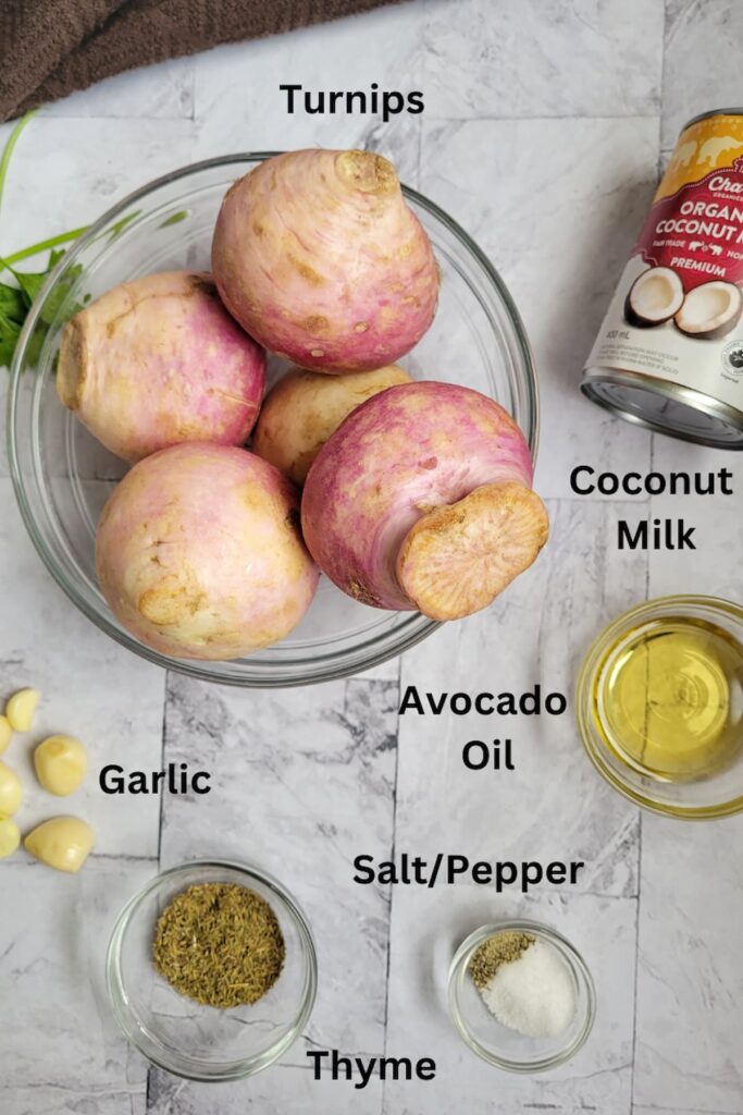 ingredients for recipe for mashed turnips - turnips, thyme, salt/pepper, avocado oil, coconut milk, garlic