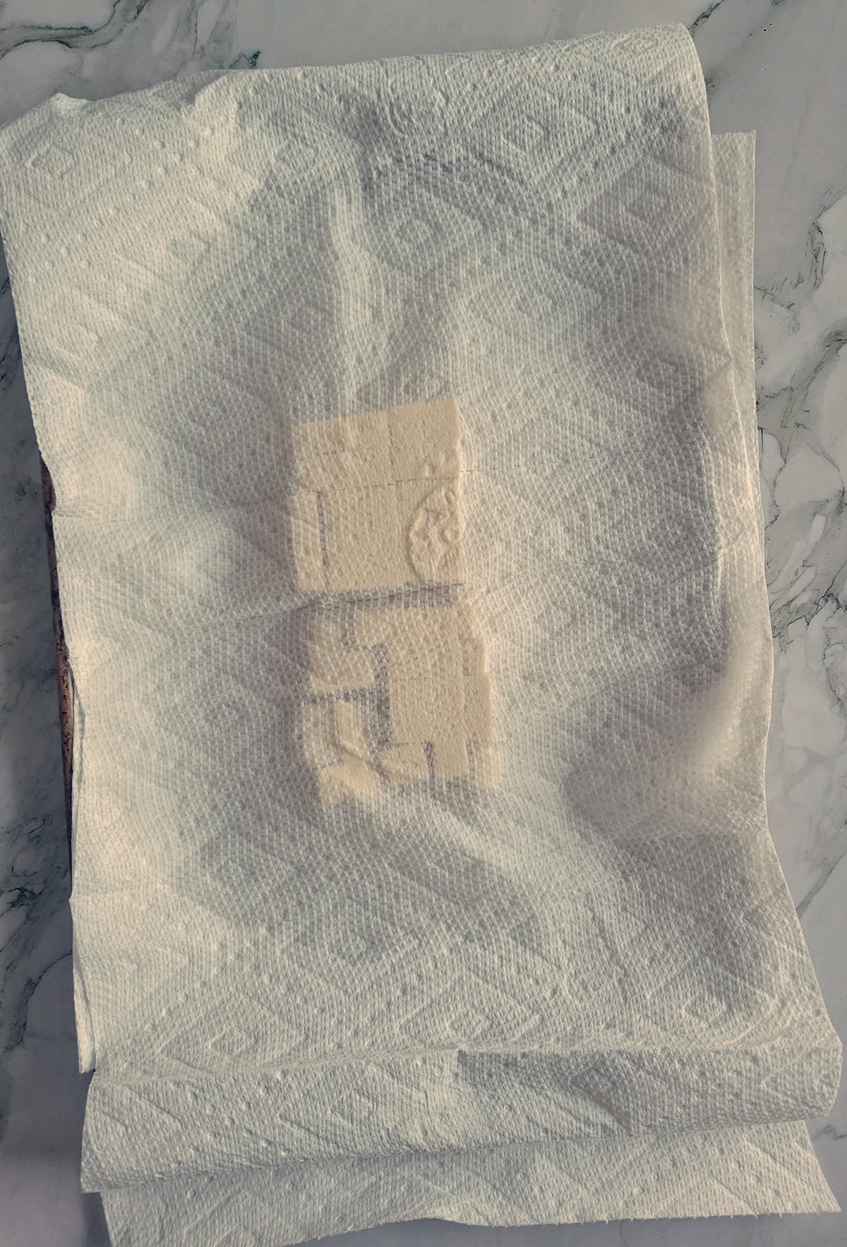two blocks of tofu cubes under paper towel