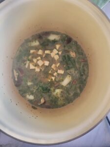 pot with broth, bok choy, mushrooms and cubed tofu