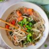 rice noodles in creamy brothy soup with green onions, bok choy, mushrooms and carrots, chopsticks in the bowl