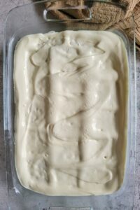 glass baking dish with whipped cream