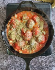 whole tomatoes, diced onions and seasonings in a cast iron skillet on a burner