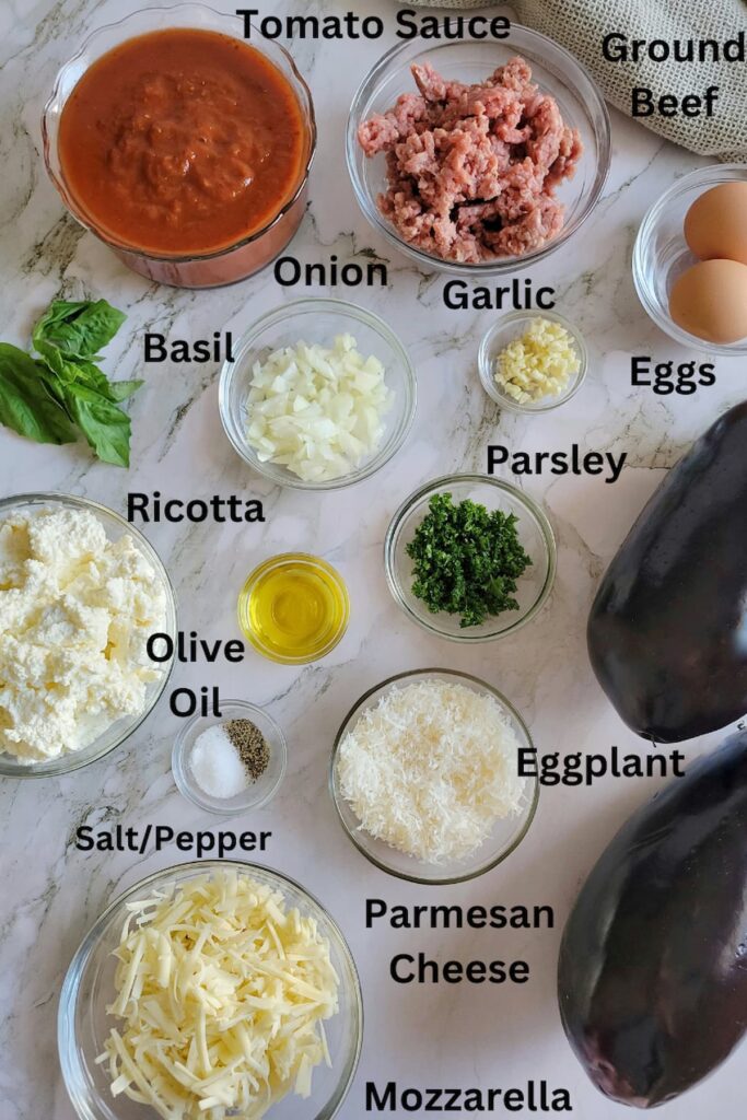 ingredients for lasagna stuffed eggplant - ricotta, eggplants, mozzarella, parmesan, tomato sauce, basil, olive oil, salt/pepper, onion, garlic, parsley, eggs, ground beef