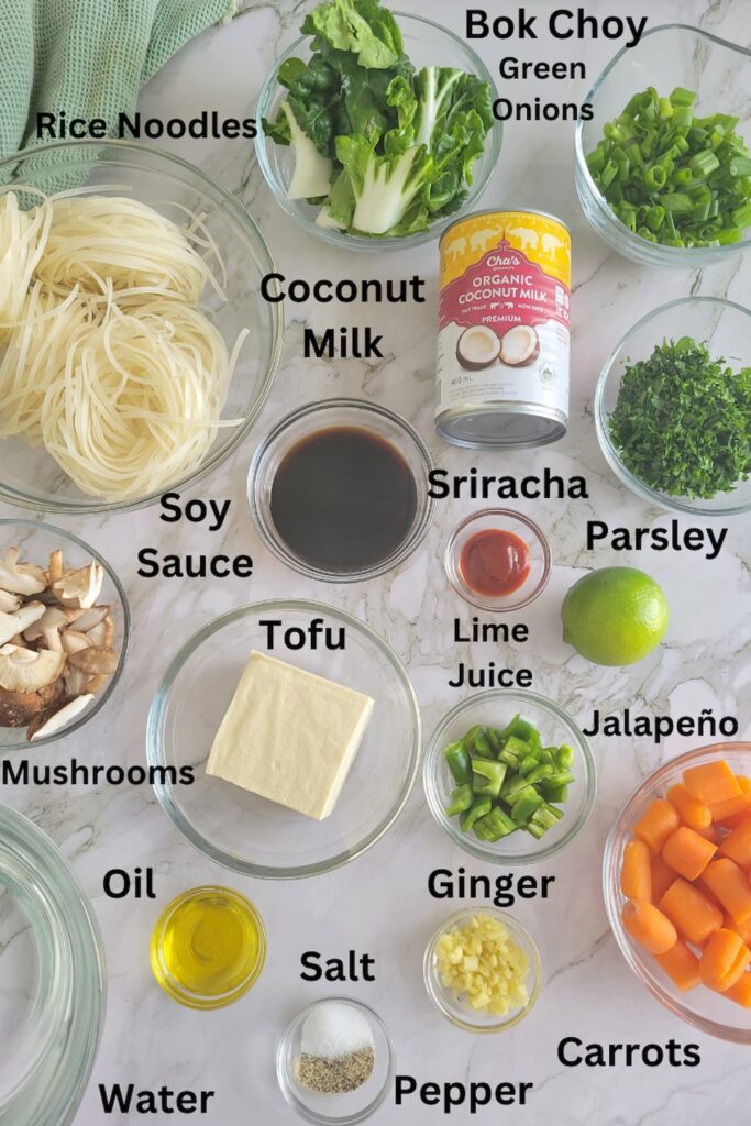 ingredients for veggie soup - rice noodles, bok choy, green onions, carrots, coconut milk, soy sauce, parsley, sriracha, lime juice, jalapeno, ginger, tofu, oil, water, mushrooms, salt, pepper