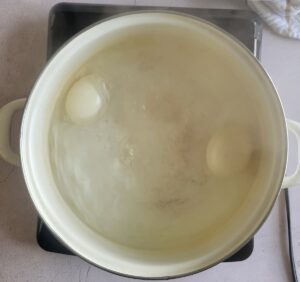 2 eggs boiling in a pot of water on a burner