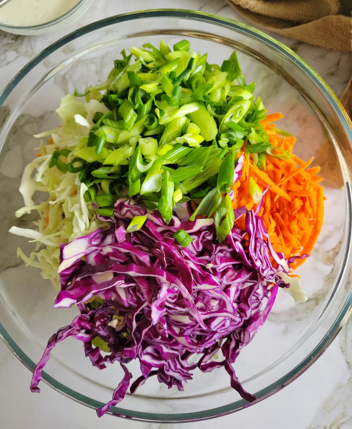 red cabbage, green cabbage, carrots and green onion in a bowl