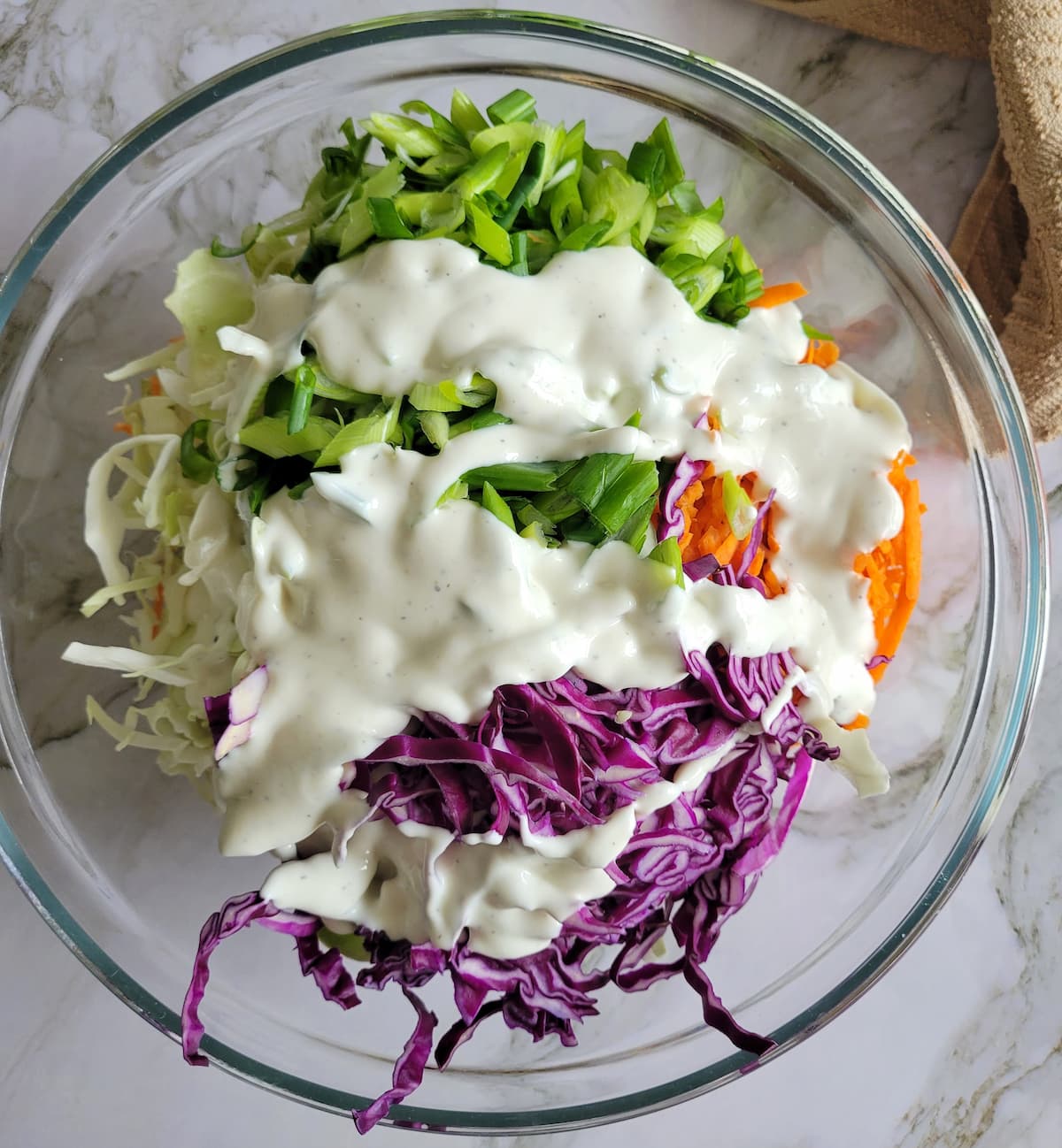 creamy dressing over a bowl of green onions, carrots, red and green cabbage